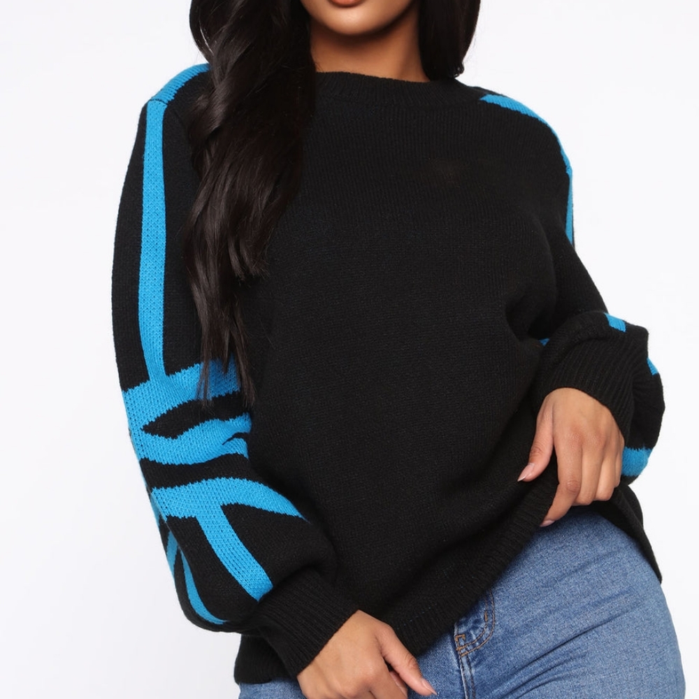 Womens Black/Blue Ballon Sleeve Sweater